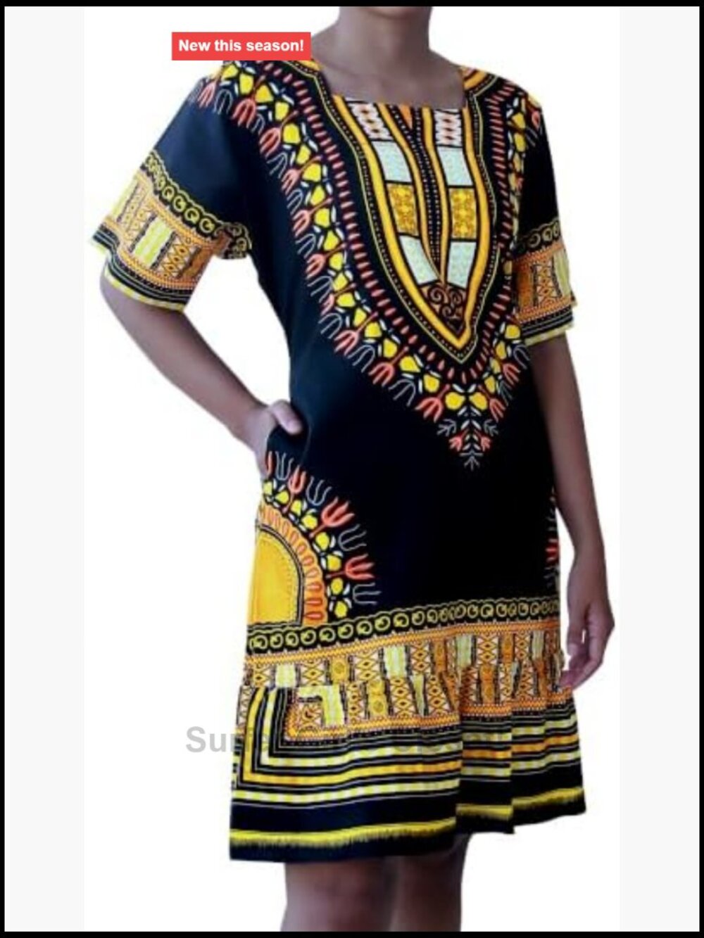 Cropped Ruffle Dashiki Dress with Side Pockets Boho 60s Cotton Shift